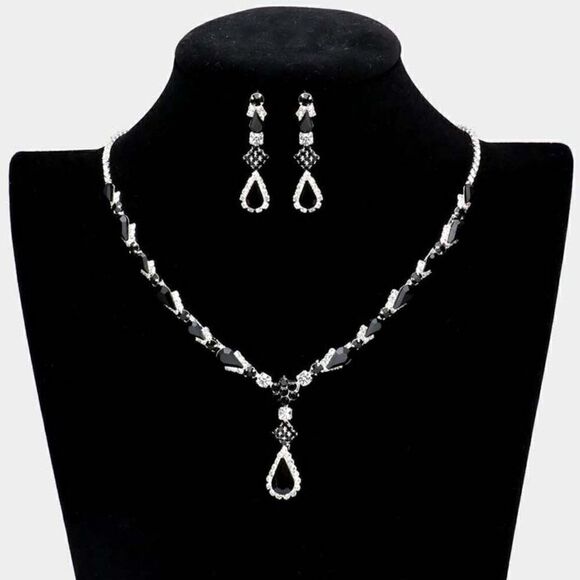 Black Teardrop Stone Detail Rhinestone Necklace Set - Picture 1 of 6